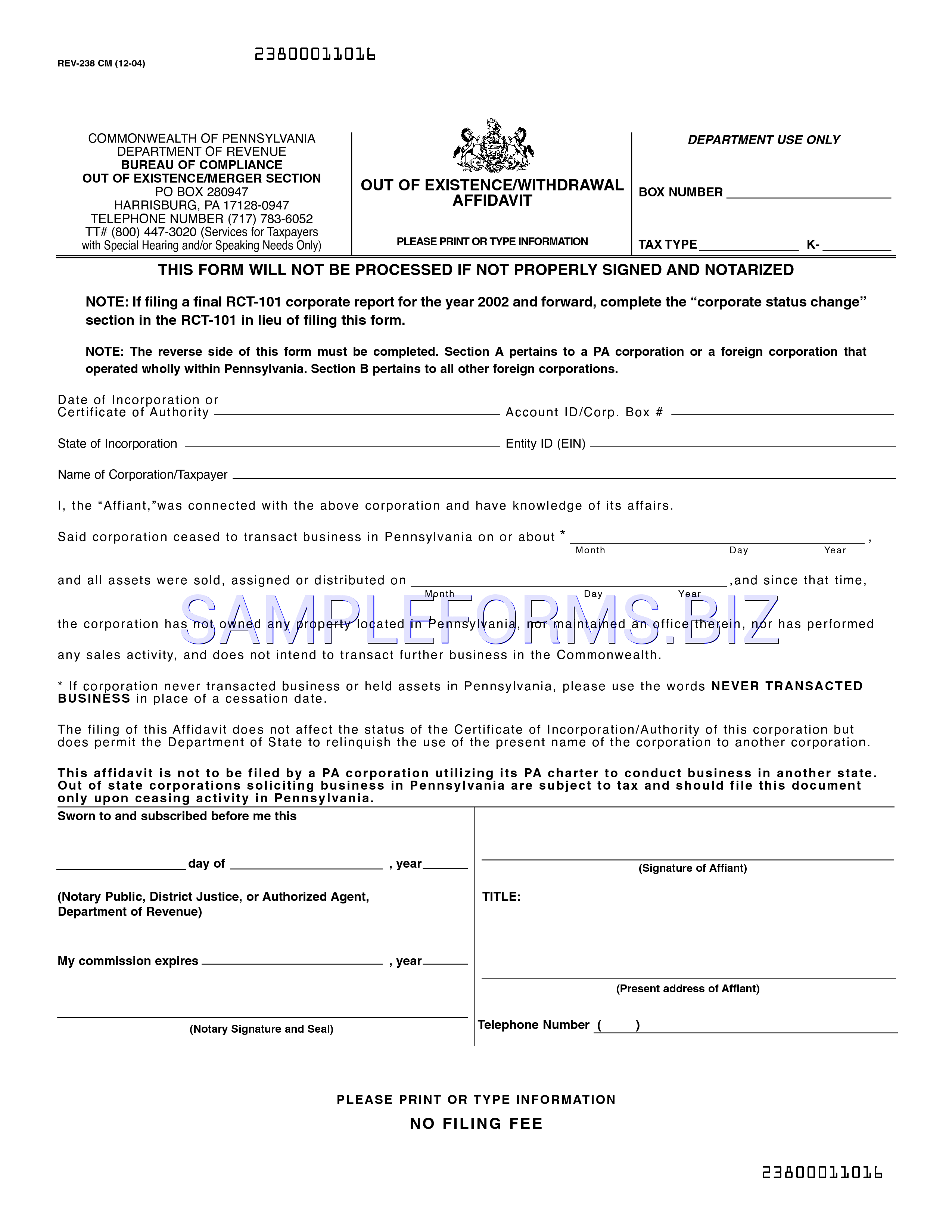 Preview free downloadable Pennsylvania Out of Existence/Withdrawal Affidavit in PDF (page 1)